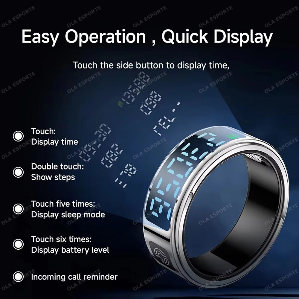 2025 Smart Ring with LED Touch Display, Gesture Control, Heart Rate Monitoring, and 5ATM Waterproofing for Men and Women