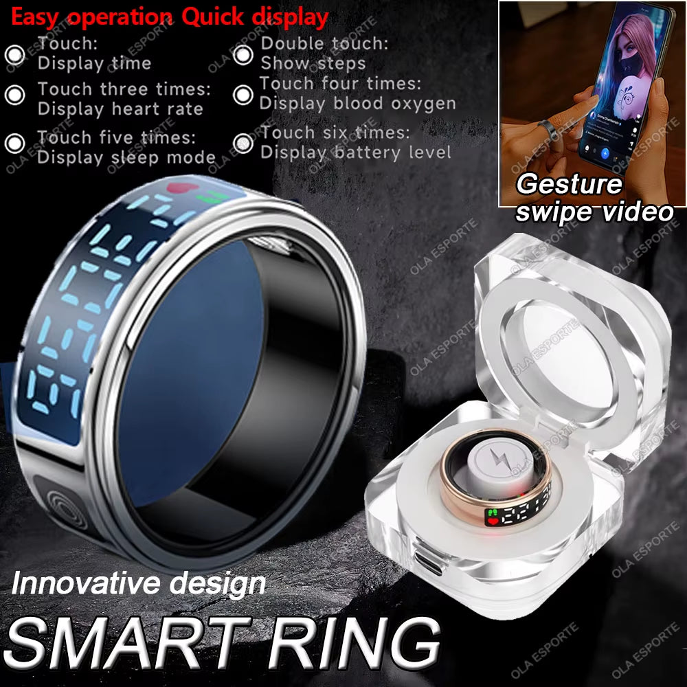 2025 Smart Ring with LED Touch Display, Gesture Control, Heart Rate Monitoring, and 5ATM Waterproofing for Men and Women